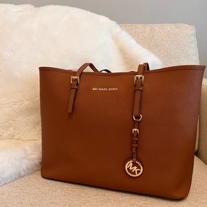 Michael Kors saffiano brown leather tote bag with dust cover
